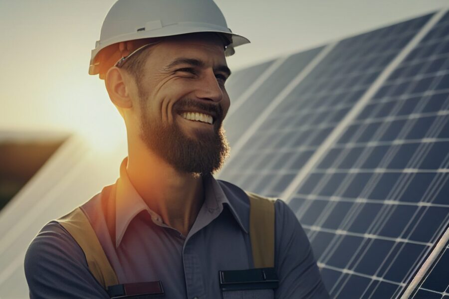 Hombre sonriente con barba, vestido con casco blanco y ropa de trabajo, de pie frente a paneles solares con la luz del sol de fondo.