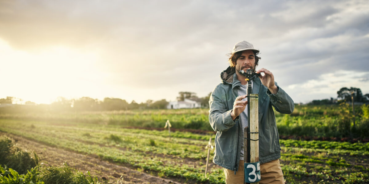 Una persona con chaqueta y gorra está en un campo analizando el suelo con un sensor. El sol se pone en el cielo nublado, proyectando un cálido resplandor sobre los cultivos y el paisaje.
