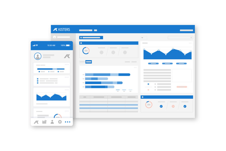 Una interfaz de panel digital que muestra gráficos y tablas en la pantalla de una computadora y un teléfono inteligente. La interfaz presenta colores azul, gris y blanco, con diversas visualizaciones de datos, incluyendo gráficos de líneas y barras.