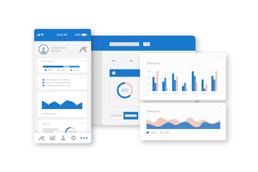 Ilustración de un panel digital con una aplicación móvil y una interfaz web. La aplicación móvil muestra las interacciones del usuario, mientras que la interfaz web muestra diversos gráficos, incluyendo gráficos de barras y líneas en azul y rosa.