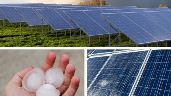Paneles solares bajo un cielo oscuro y nublado. Abajo, una mano sostiene grandes granizos. A la derecha, un primer plano de los paneles solares muestra daños visibles causados por el granizo.