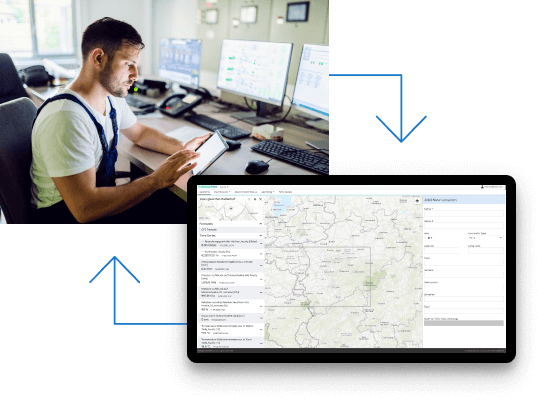 Una persona en una sala de control, mirando un teléfono, está conectada mediante flechas a una pantalla que muestra un mapa detallado y datos en una interfaz de usuario. Al fondo, se ven varios monitores con gráficos y datos.