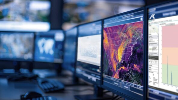 Pantallas con mapas meteorológicos y datos analíticos en un centro de monitoreo.