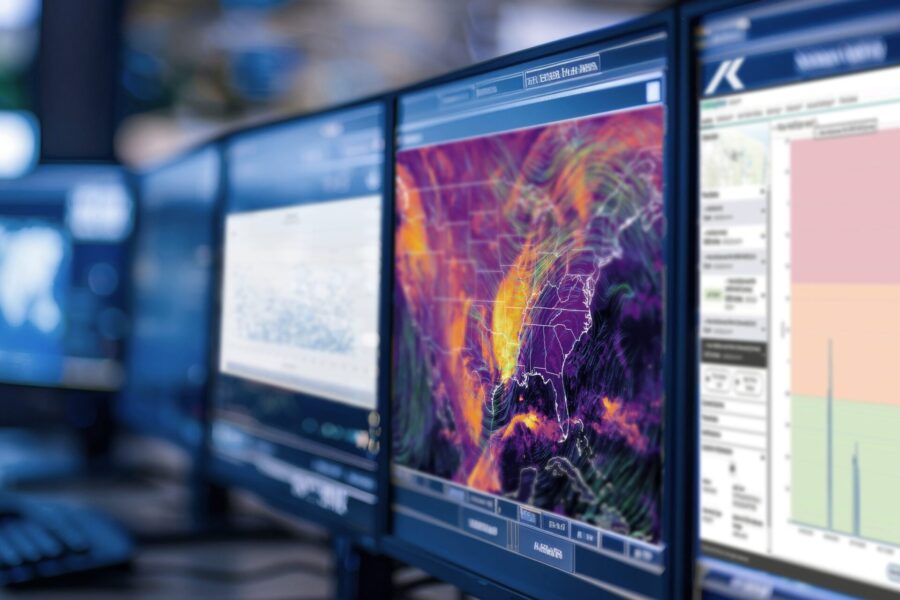 Una fila de monitores de computadora muestra datos meteorológicos. La pantalla central muestra un colorido mapa meteorológico de Estados Unidos, con patrones en espiral que indican la actividad atmosférica. Otras pantallas muestran gráficos y datos relacionados.