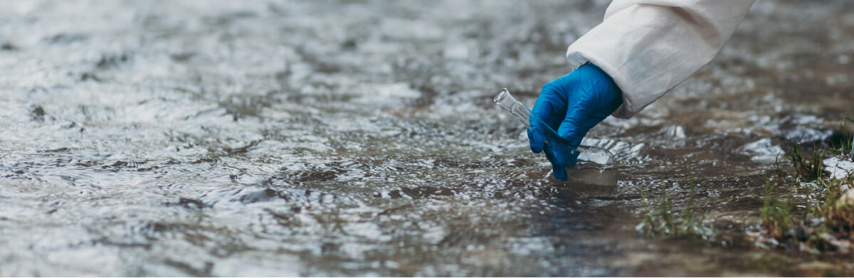 Una persona con bata blanca y guantes azules recoge una muestra de agua de un arroyo con un tubo de ensayo. El agua forma ondas alrededor de su mano, y se ve hierba en la orilla.