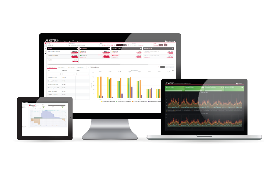 Un monitor de escritorio, una computadora portátil y una tableta muestran visualizaciones de datos y gráficos. La computadora de escritorio muestra gráficos de barras y tablas de datos, la computadora portátil, gráficos de líneas, y la tableta, un histograma.