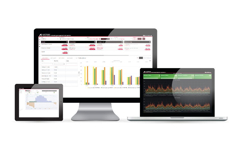 Un monitor de escritorio, una computadora portátil y una tableta muestran visualizaciones de datos y gráficos. La computadora de escritorio muestra gráficos de barras y tablas de datos, la computadora portátil, gráficos de líneas, y la tableta, un histograma.