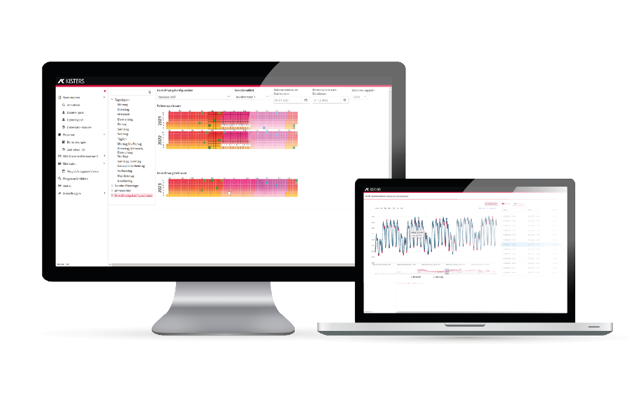 Un monitor de computadora y una laptop muestran visualizaciones de datos. El monitor muestra un mapa de calor a color, mientras que la laptop presenta un gráfico de líneas con picos y valles. Ambas pantallas cuentan con una interfaz de usuario con menús y opciones.