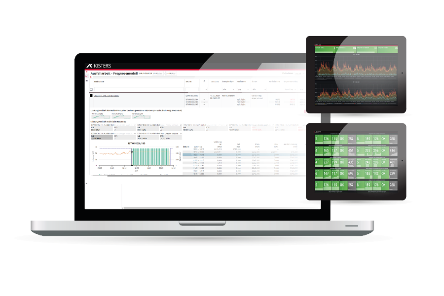 Una computadora portátil muestra una aplicación de análisis de datos con gráficos y tablas. Dos tabletas independientes muestran análisis adicionales: una con varios gráficos y la otra con una cuadrícula de iconos o valores.