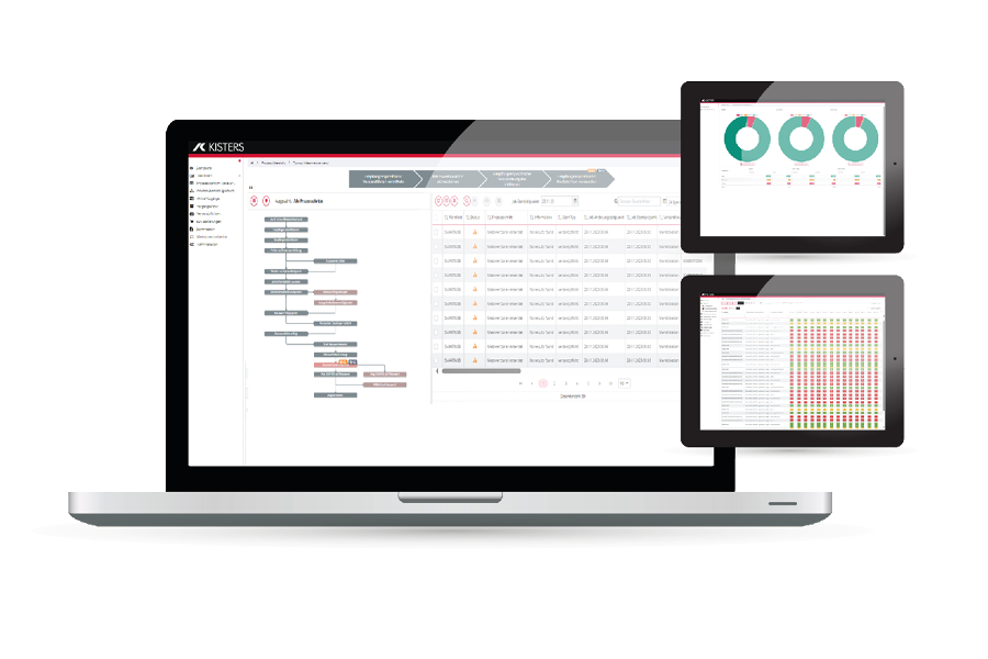 Una computadora portátil muestra una interfaz de software con un diagrama de flujo. Junto a ella hay dos tabletas: una muestra gráficos circulares y la otra una cuadrícula con código de colores. Los dispositivos representan diversas herramientas de visualización de datos.