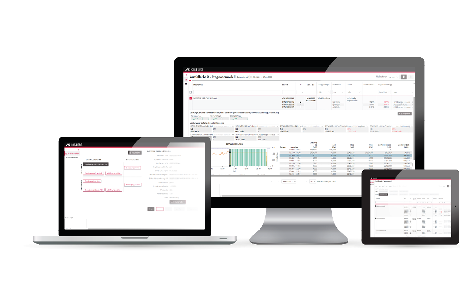 Una computadora portátil, un monitor de escritorio y una tableta muestran software de análisis financiero con gráficos, tablas y tablas de datos. La interfaz incluye menús de navegación e información financiera detallada con un diseño profesional.
