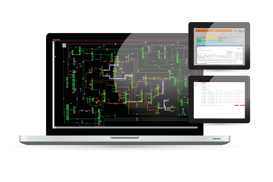 Una computadora portátil muestra un diagrama de flujo complejo con líneas y símbolos interconectados. Junto a ella hay dos tabletas que muestran gráficos y tablas de datos, ilustrando una interfaz de software técnico o de ingeniería.