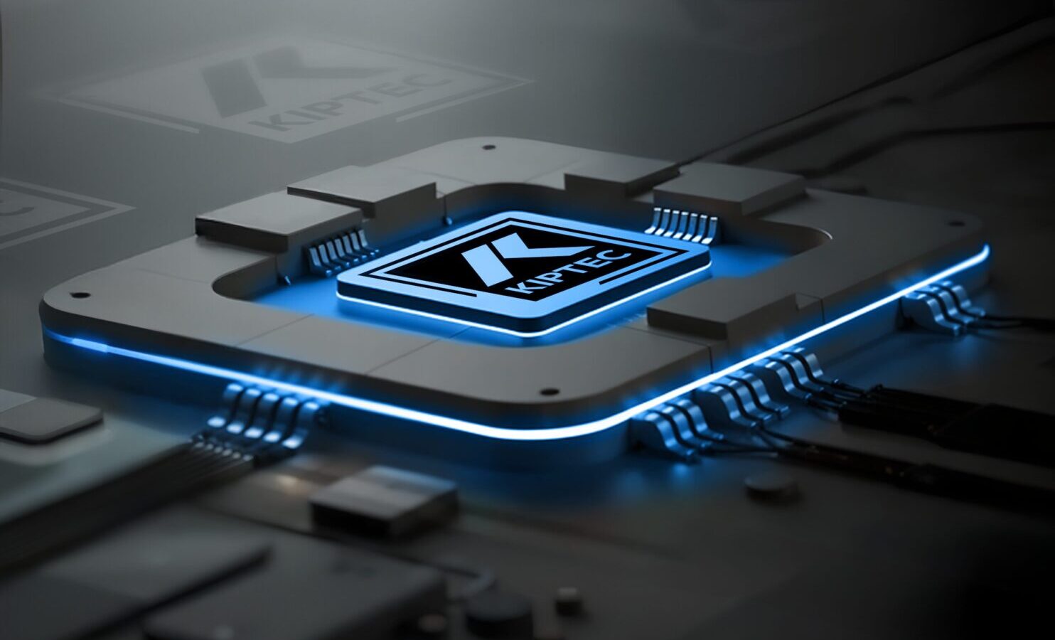 A futuristic computer chip with glowing blue edges and circuit lines, featuring the Kotlin logo in the center, sits on a dark, reflective surface.