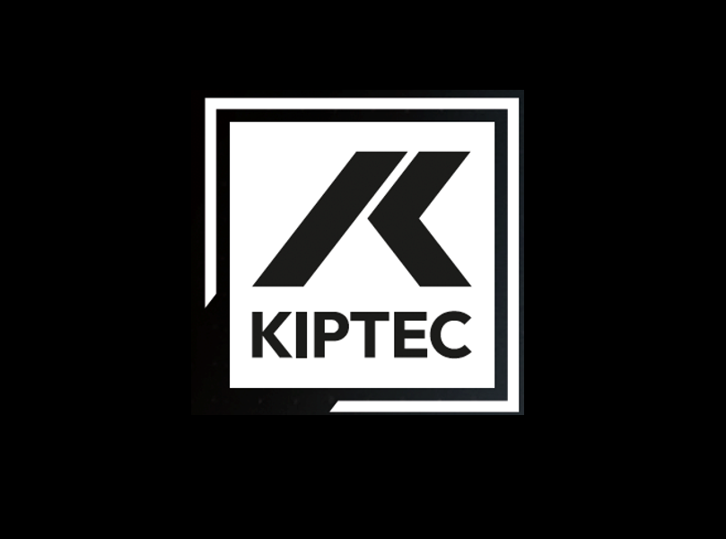 A bold, black and white logo featuring a stylized letter K above the word KIPTEC inside a double-lined square border, set against a black background.