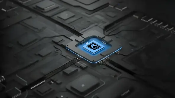 Un chip de ordenador que brilla en azul en el centro de una placa de circuitos oscura y futurista, con la letra K y la palabra AI visibles en la superficie del chip.