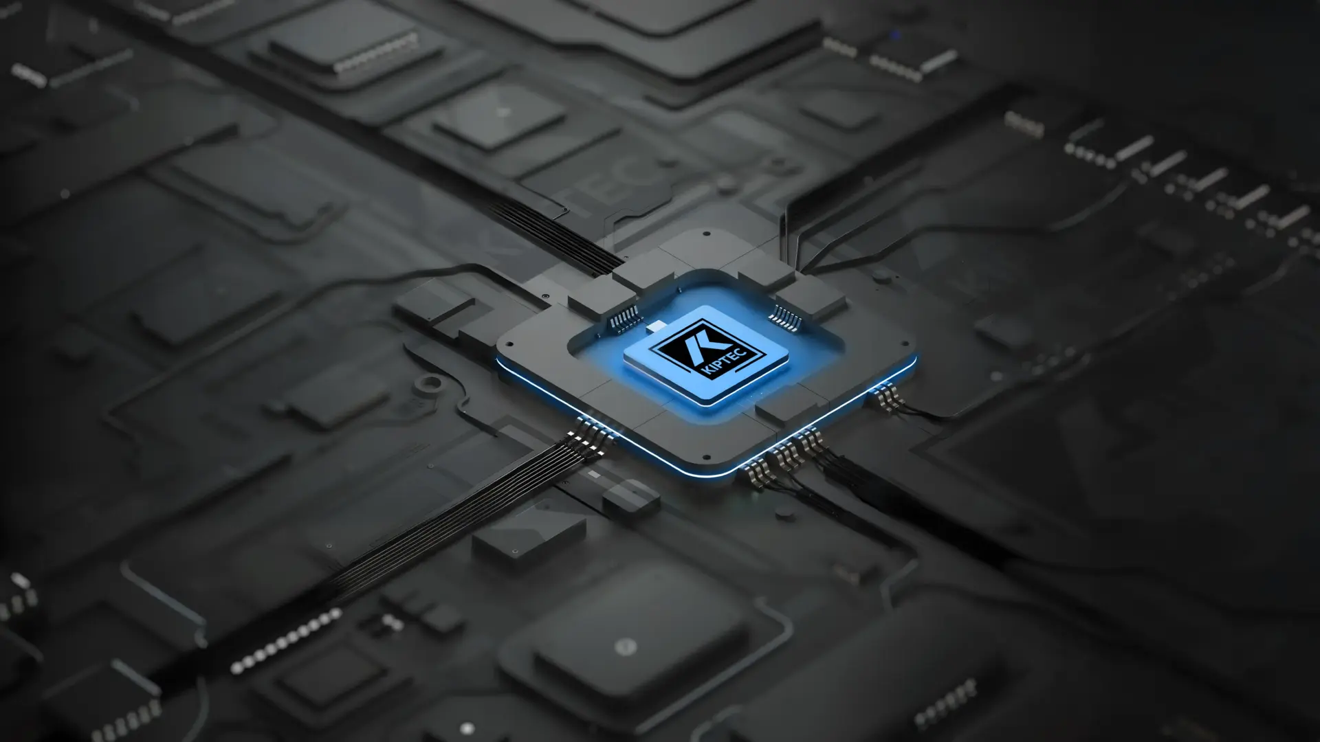 Un chip de ordenador que brilla en azul en el centro de una placa de circuitos oscura y futurista, con la letra K y la palabra AI visibles en la superficie del chip.